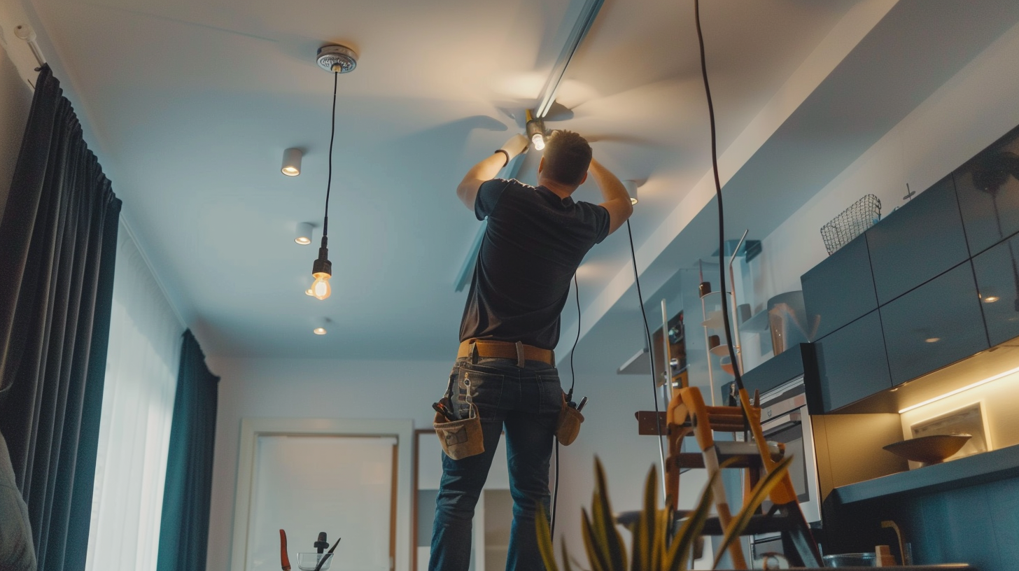 Elektricien aan het werk in een nette woonkamer