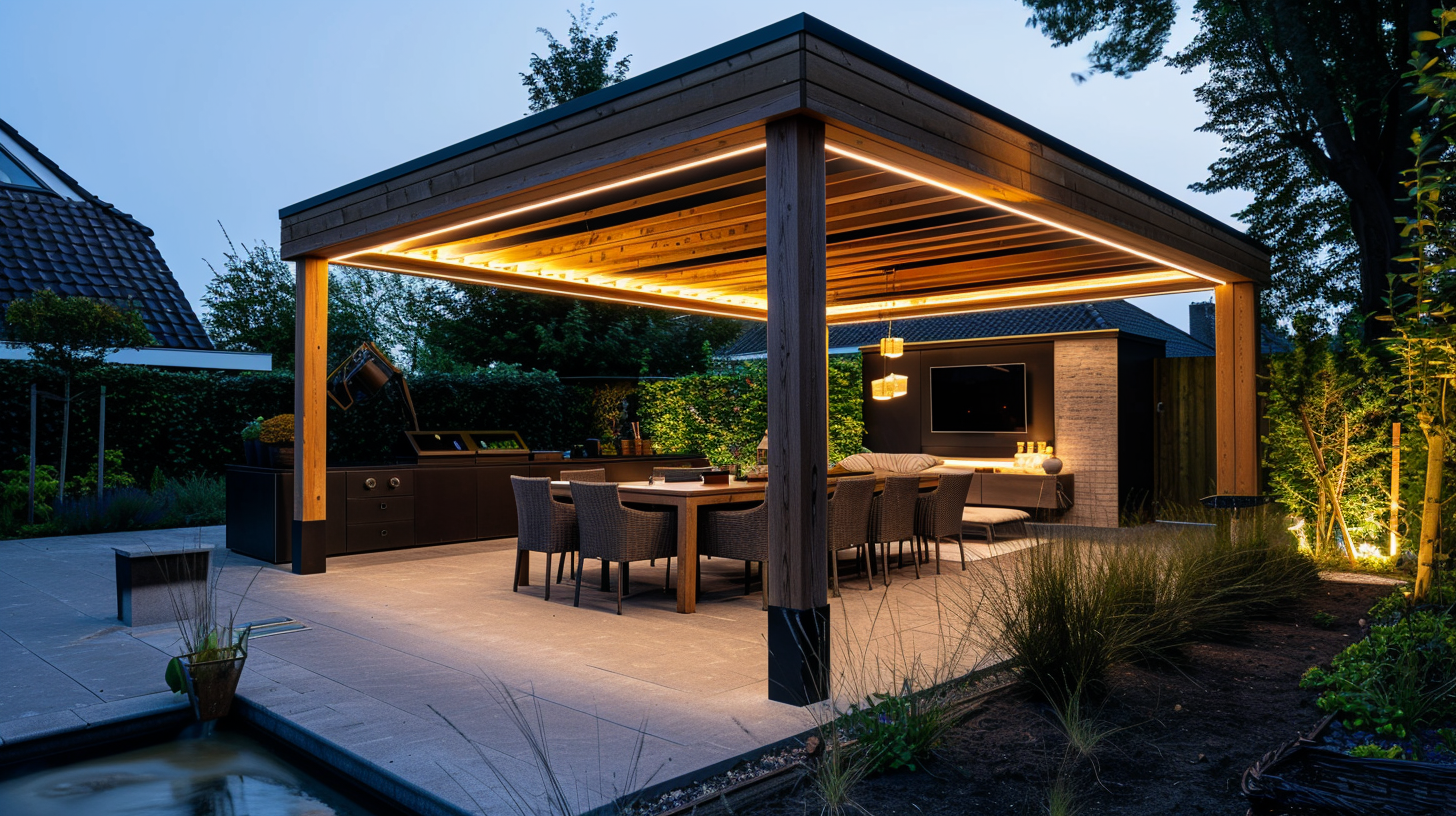 Buitenkamer met verlichting in de avond